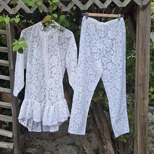 Vintage 80s Gunne Sax Sheer White Lace Pantsuit